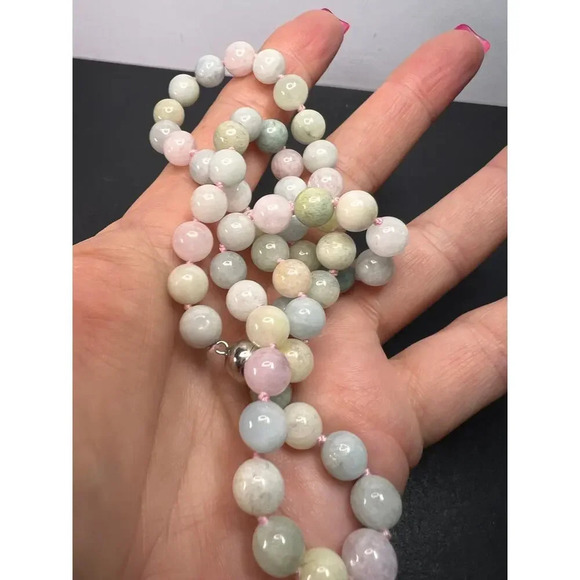 Multi beryl aquamarine morganite knotted necklace with sterling  clasp - Picture 3 of 11